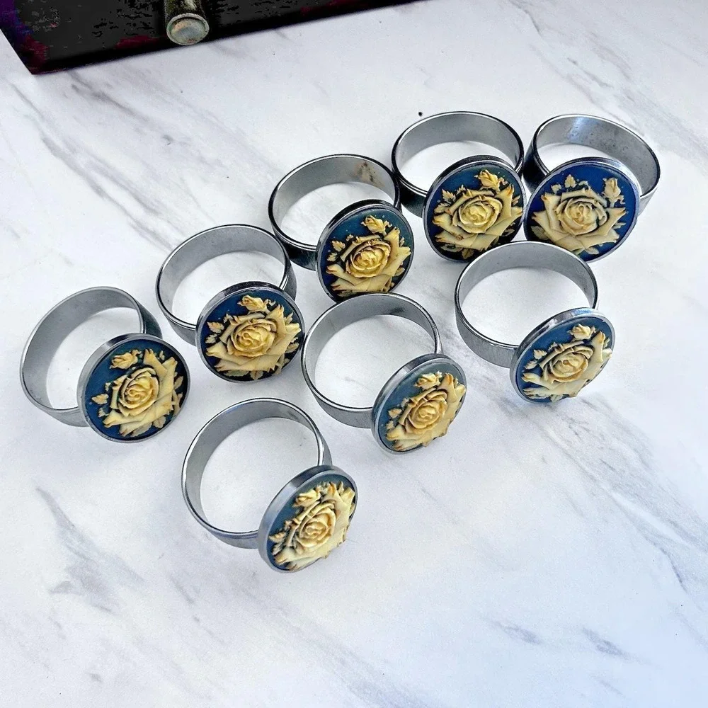 Vintage‎ Ivory Rose on Blue Background Stainless Steel Napkin Rings Lot of 8 AAA
